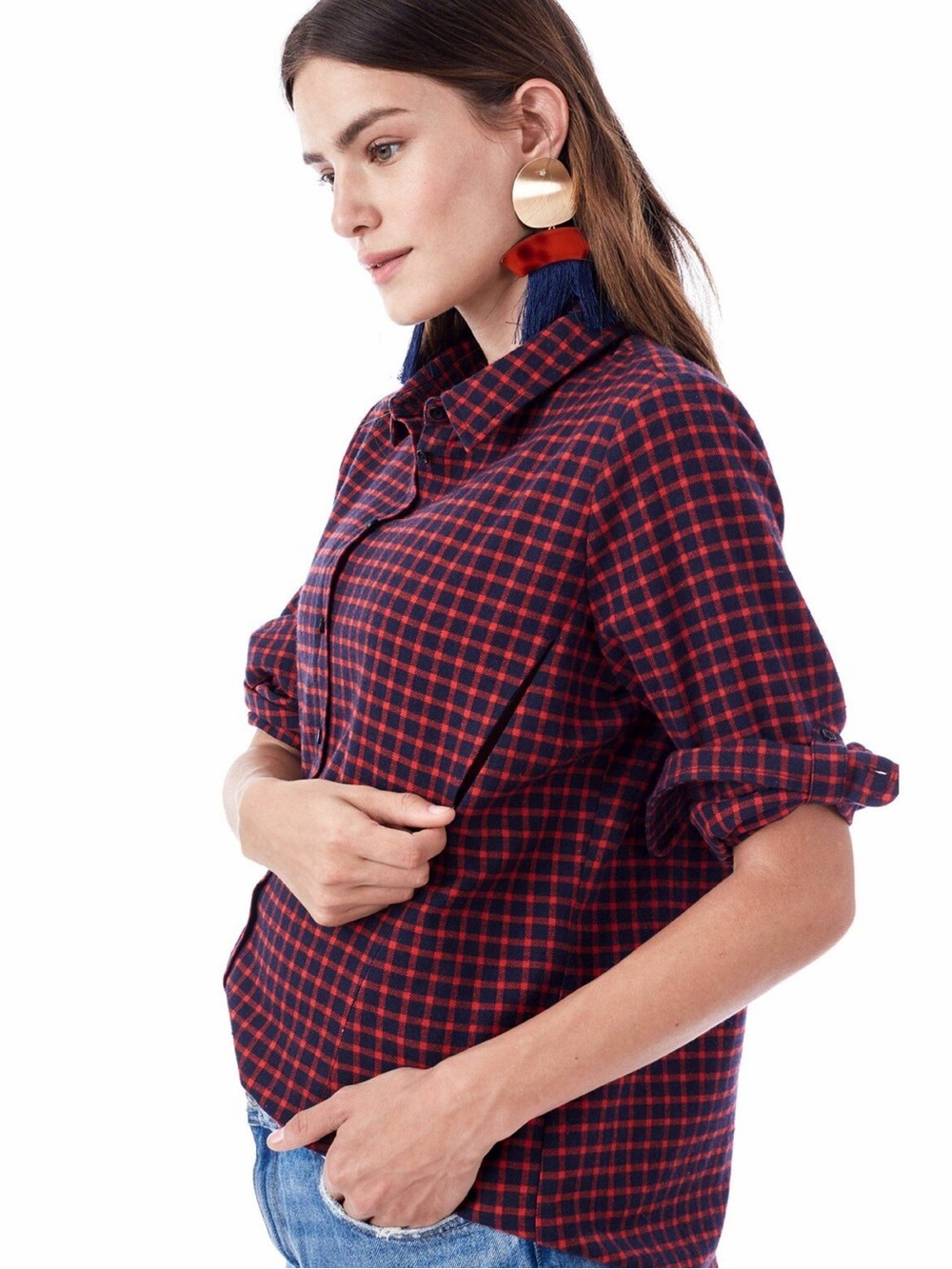 Loyal Hana Frankie Maternity Nursing Button Down Blue Red Plaid Top XS